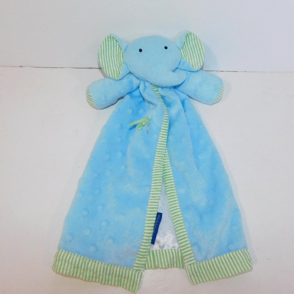 Mud Pie Baby Elephant Blue Plush Green White Striped Trim Security Blanket Lovey